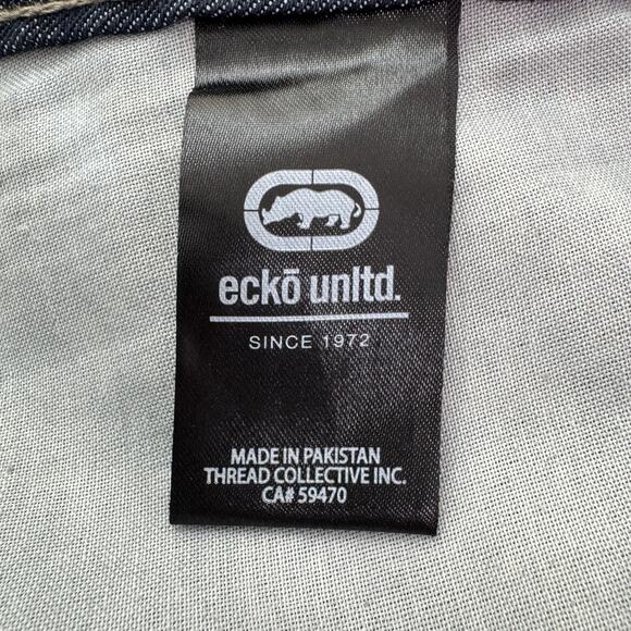 Ecko Unltd Shorts Mens 48 Blue Denim Dark Wash Embroidered Rhino Logo Y2K Baggy - Picture 5 of 10